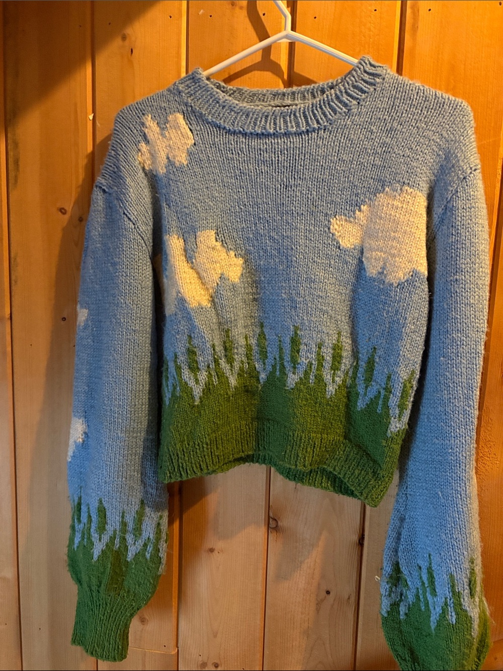 Lirika Matoshi Sky Blue Crewneck with Green Meadow and Cream Clouds